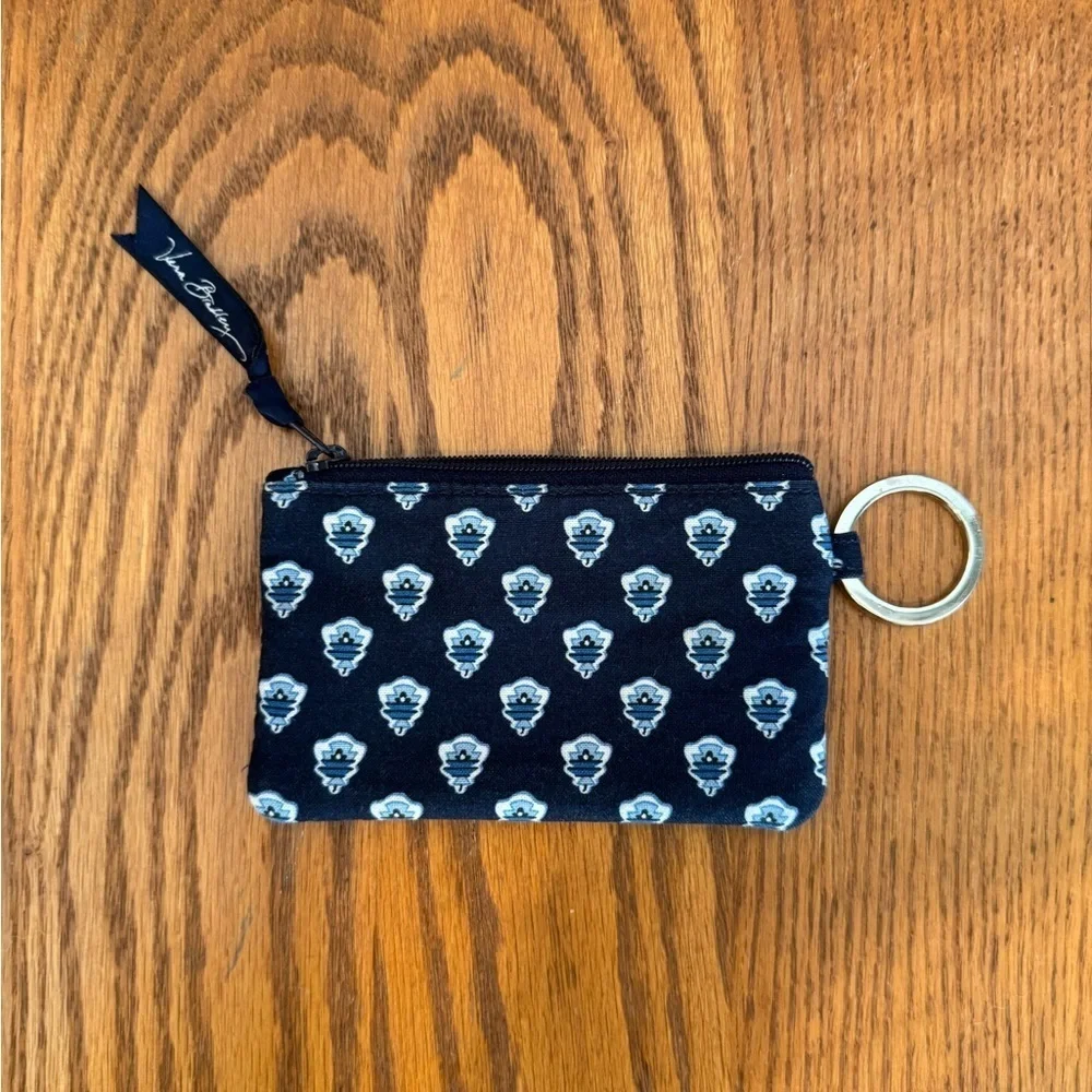 Vera Bradley Coin Card Case Zipper Key Ring Navy Blue White Clear Cover For ID - Picture 5 of 6